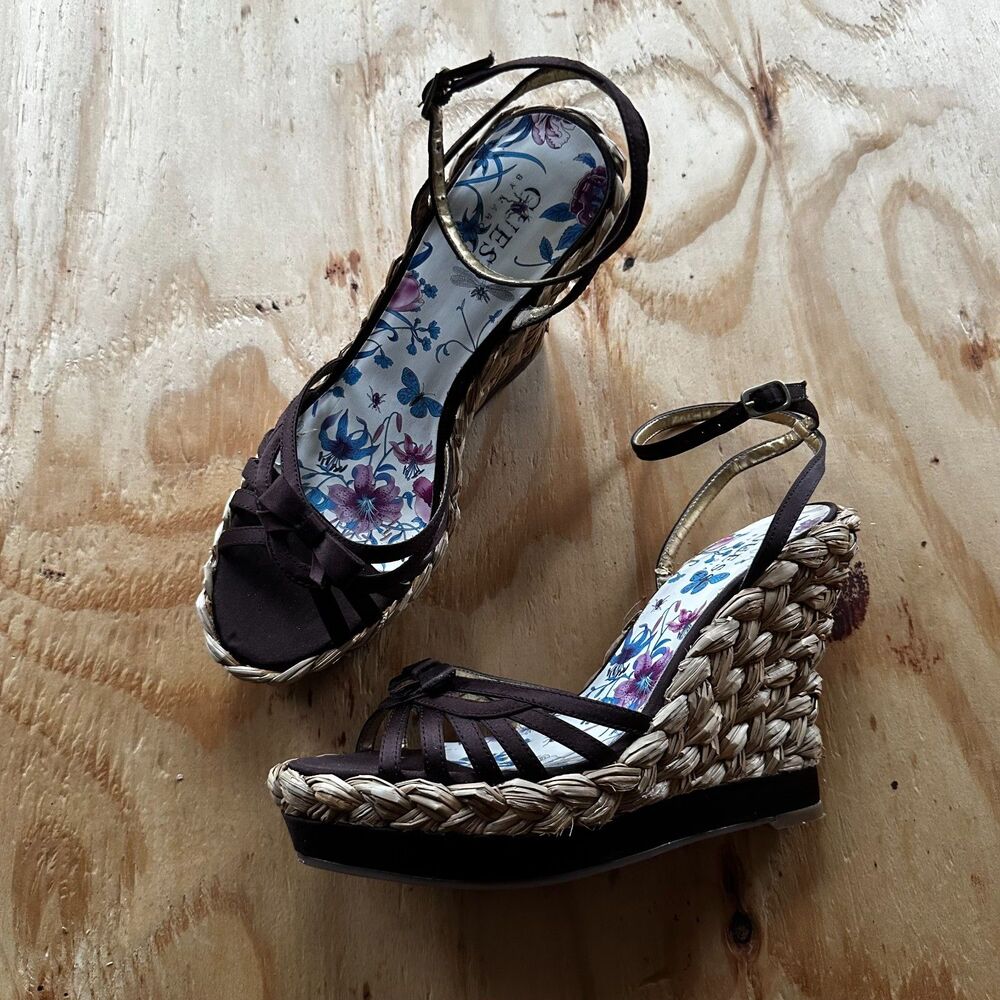 Guess Brown Satin Woven Espadrille Platform Wedges - 6.5M